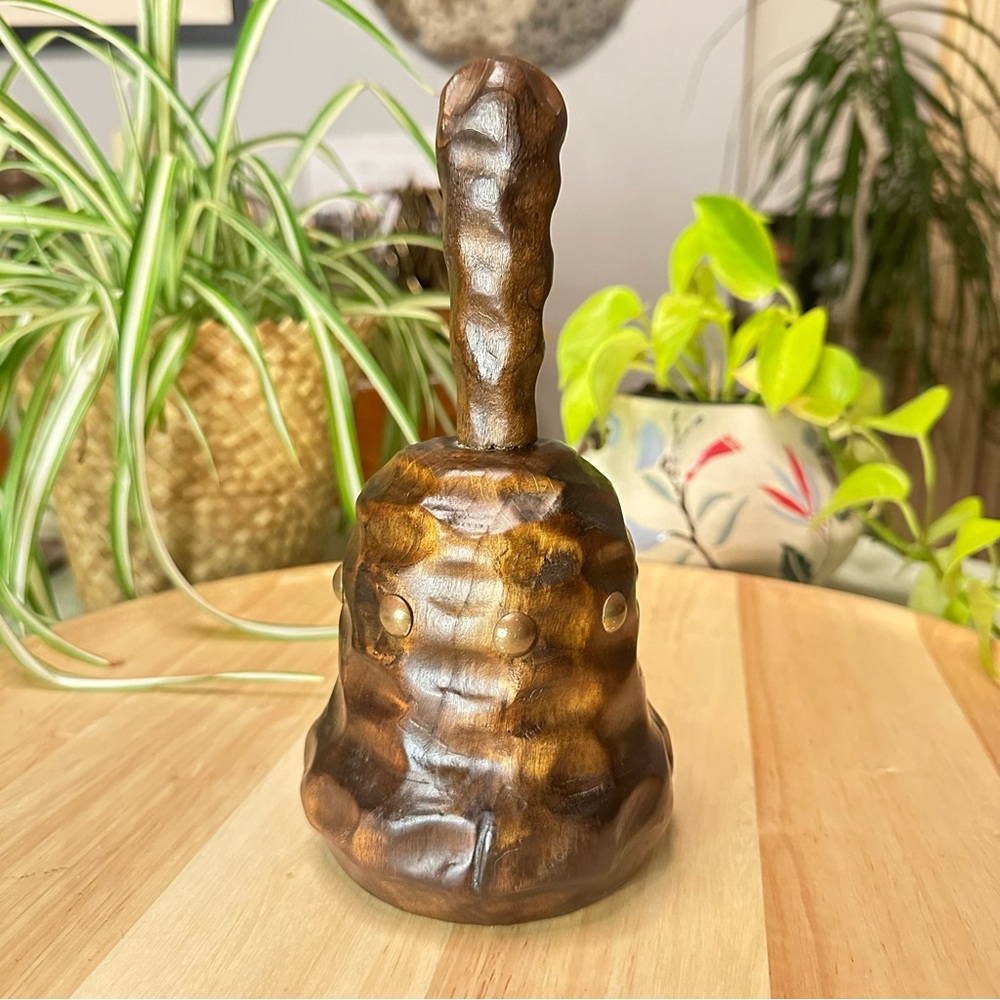 Hand-Carved Medieval-Style Burlwood Bell – Brass Accents, 8.5” Tall